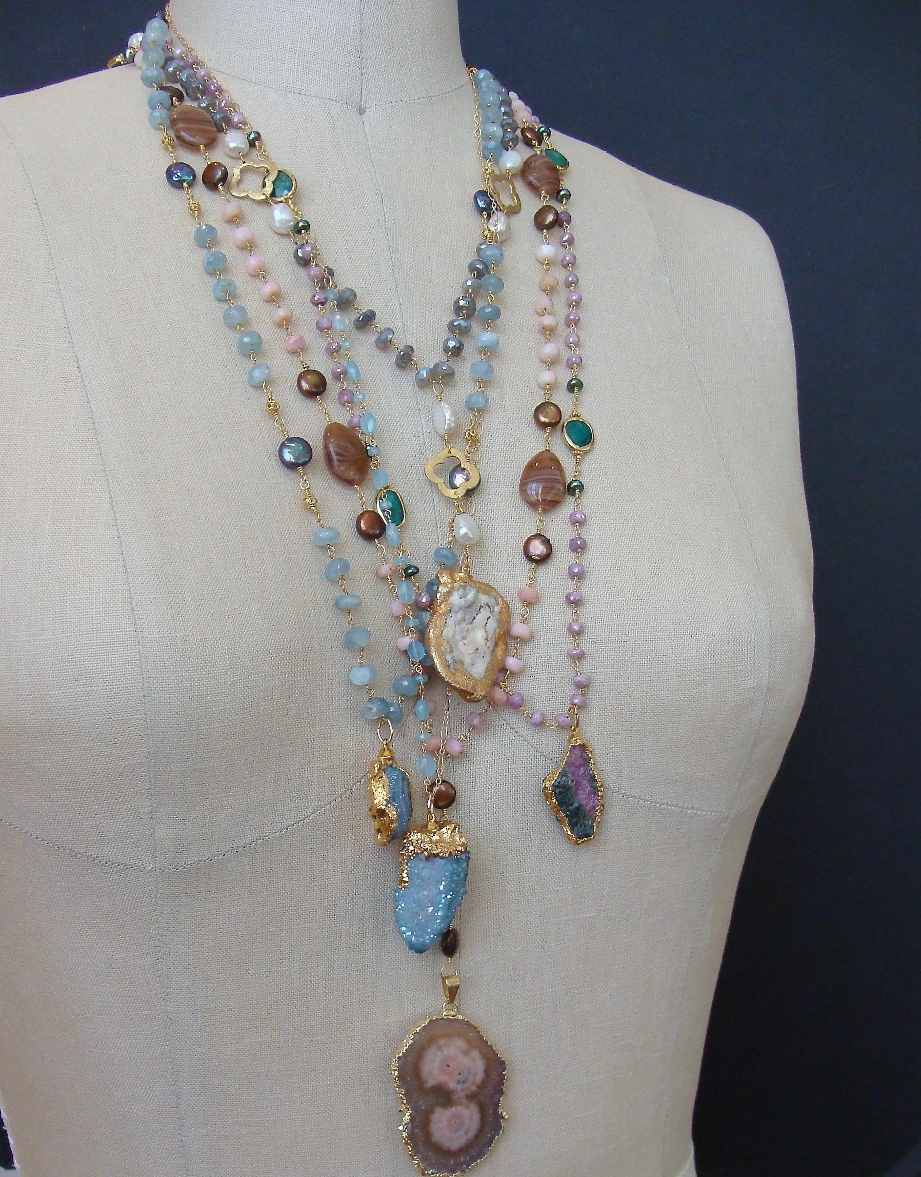 Lavender Silverite Emeralds Pearls Pink Calcite Pendant Necklace - Melinda Layering Necklace