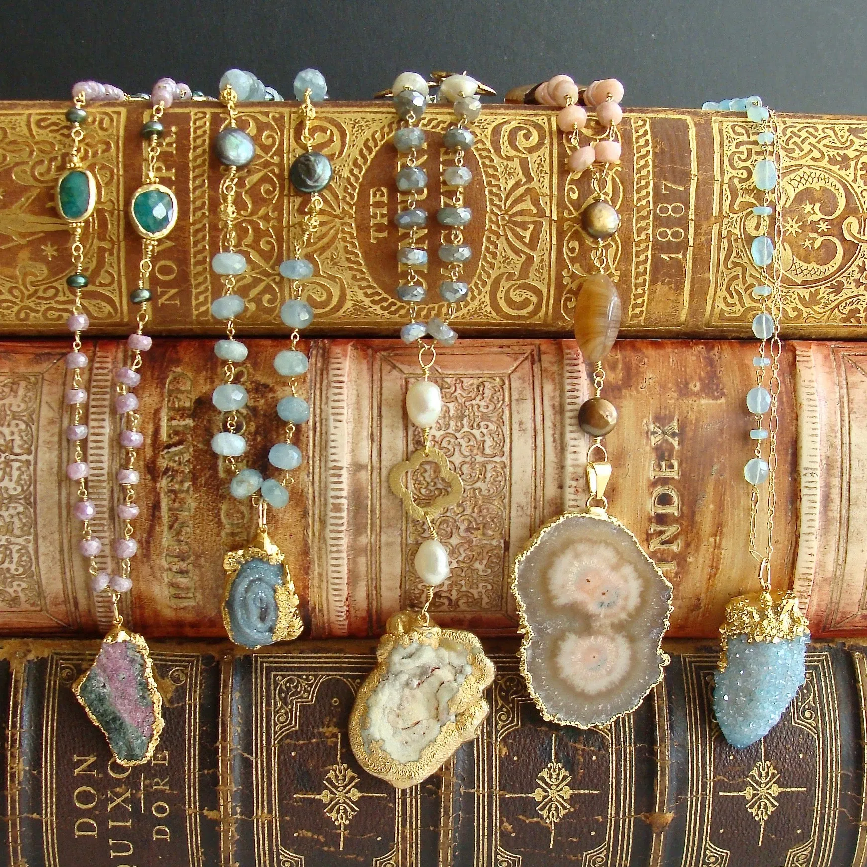 Lavender Silverite Emeralds Pearls Pink Calcite Pendant Necklace - Melinda Layering Necklace