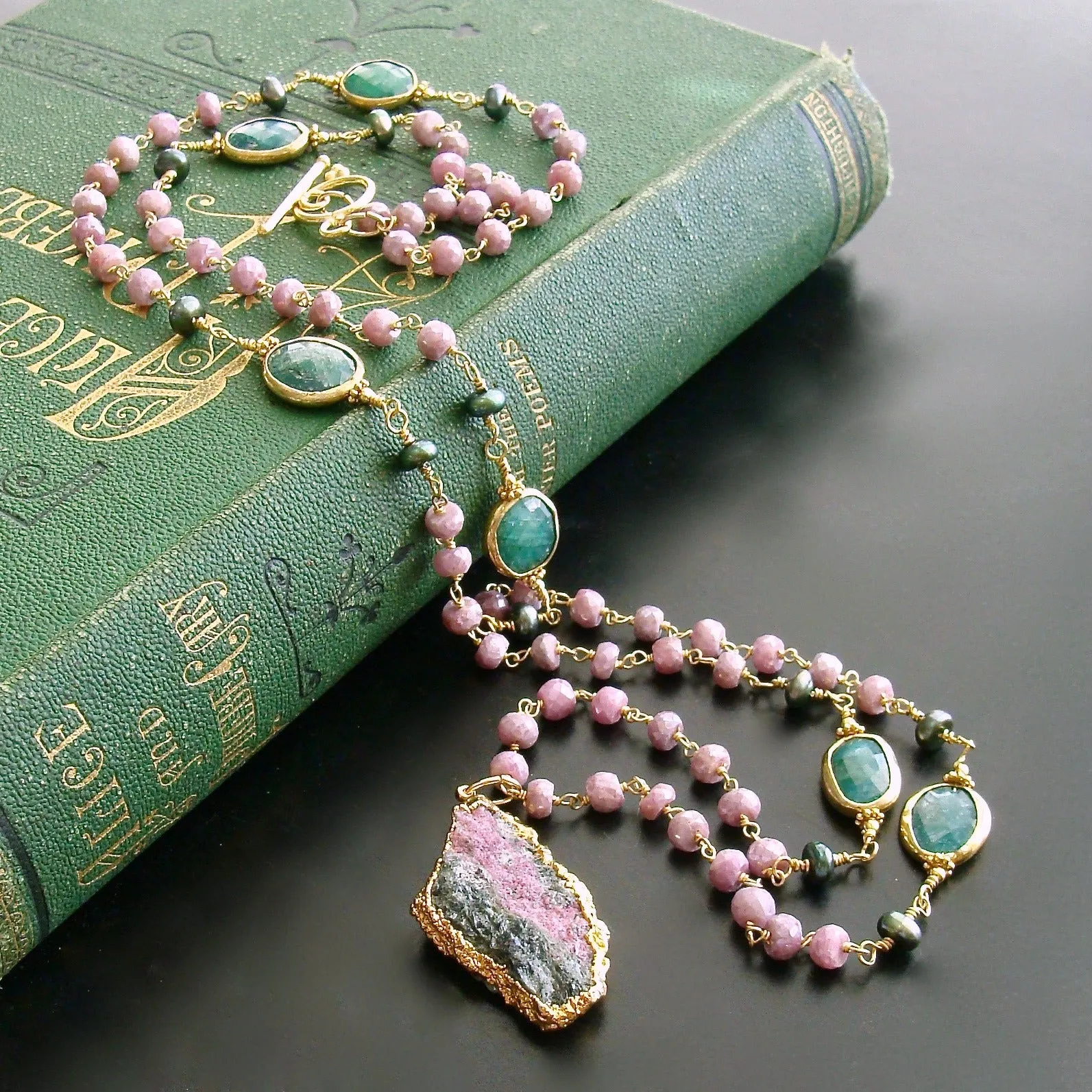 Lavender Silverite Emeralds Pearls Pink Calcite Pendant Necklace - Melinda Layering Necklace