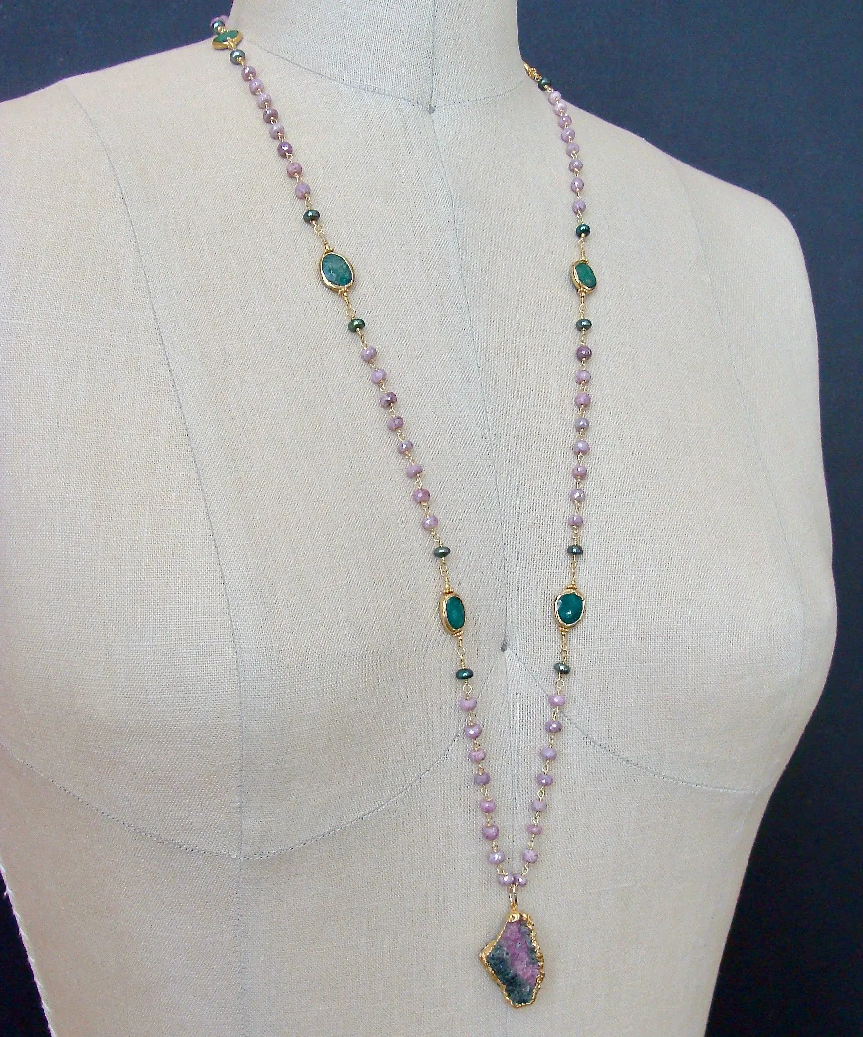 Lavender Silverite Emeralds Pearls Pink Calcite Pendant Necklace - Melinda Layering Necklace