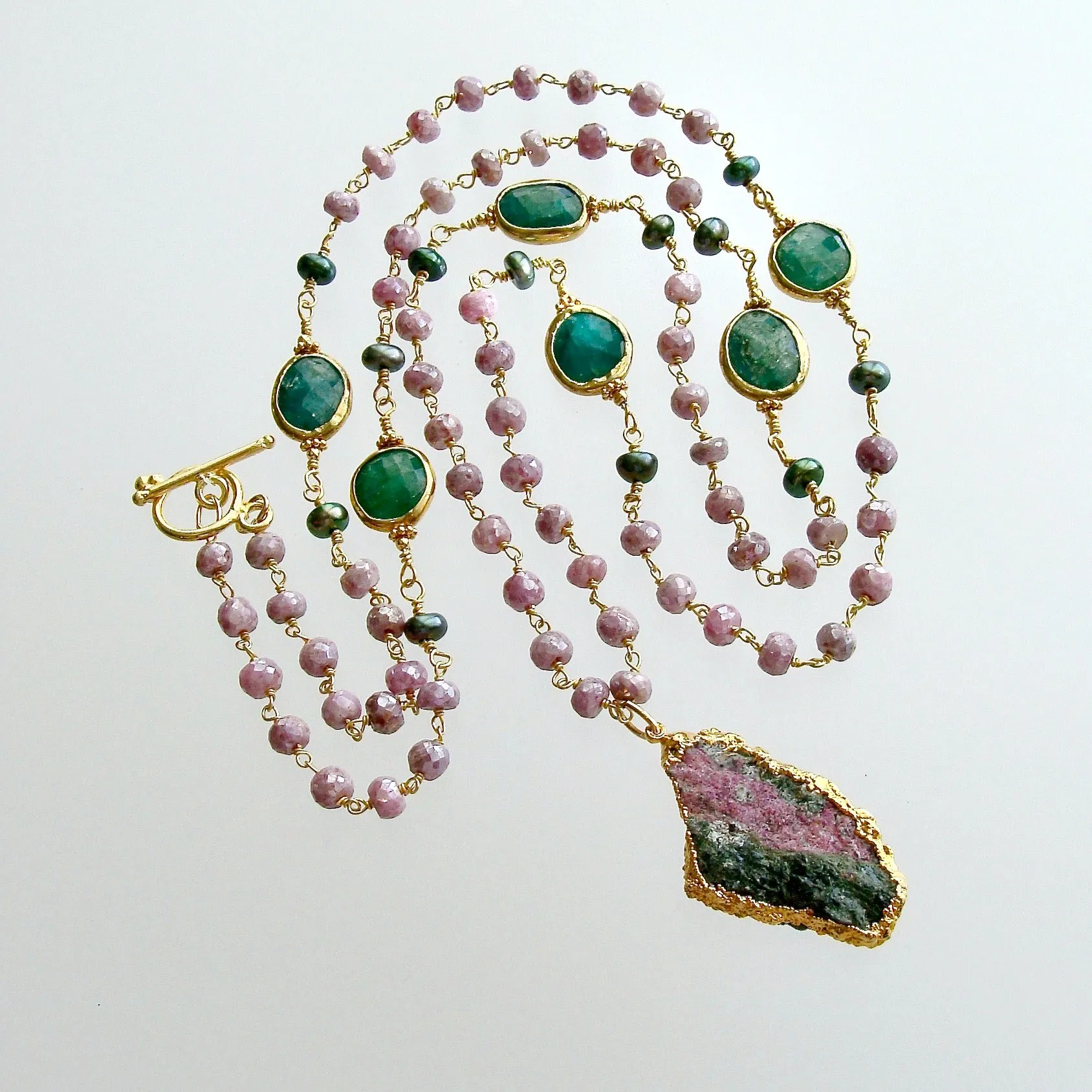 Lavender Silverite Emeralds Pearls Pink Calcite Pendant Necklace - Melinda Layering Necklace