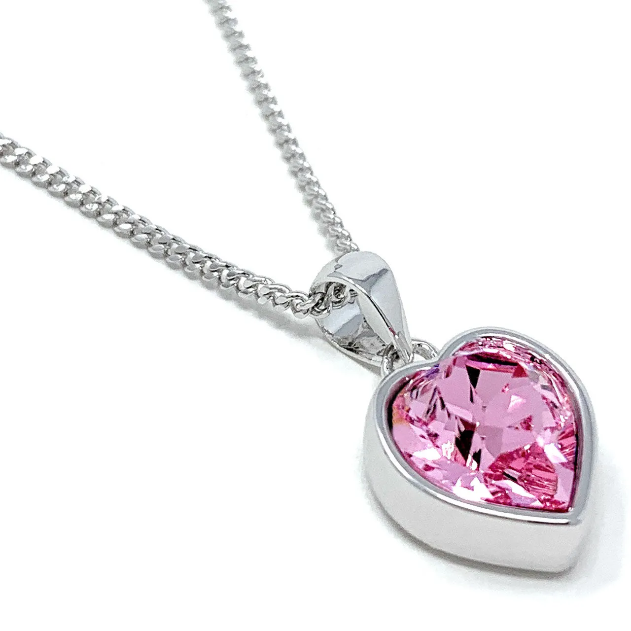 Lucia Pendant Necklace with Pink Light Rose Heart Crystals from Swarovski Silver Toned Rhodium Plated