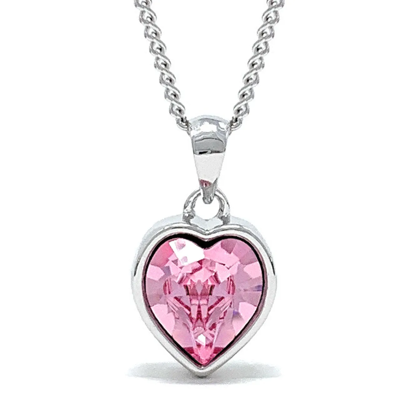 Lucia Pendant Necklace with Pink Light Rose Heart Crystals from Swarovski Silver Toned Rhodium Plated