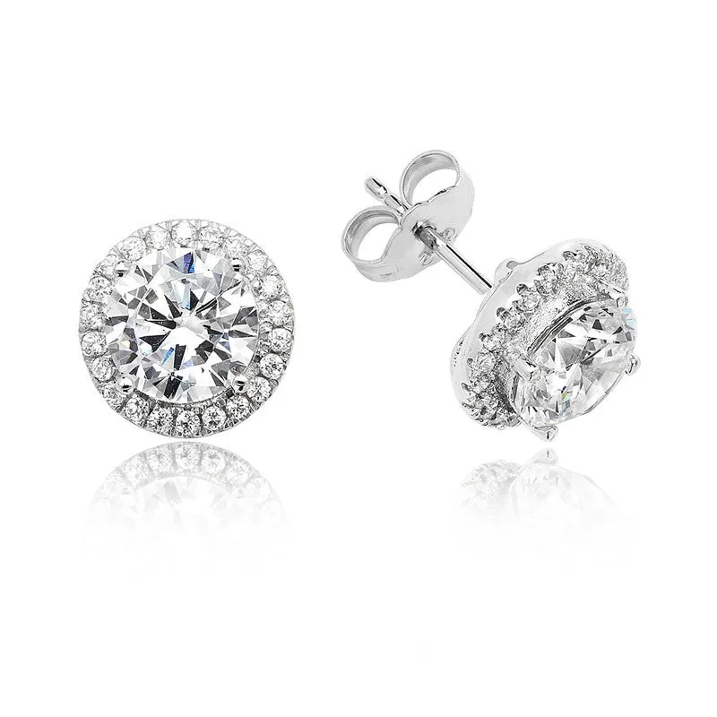 Luminous Silver Round Halo Stud Earrings