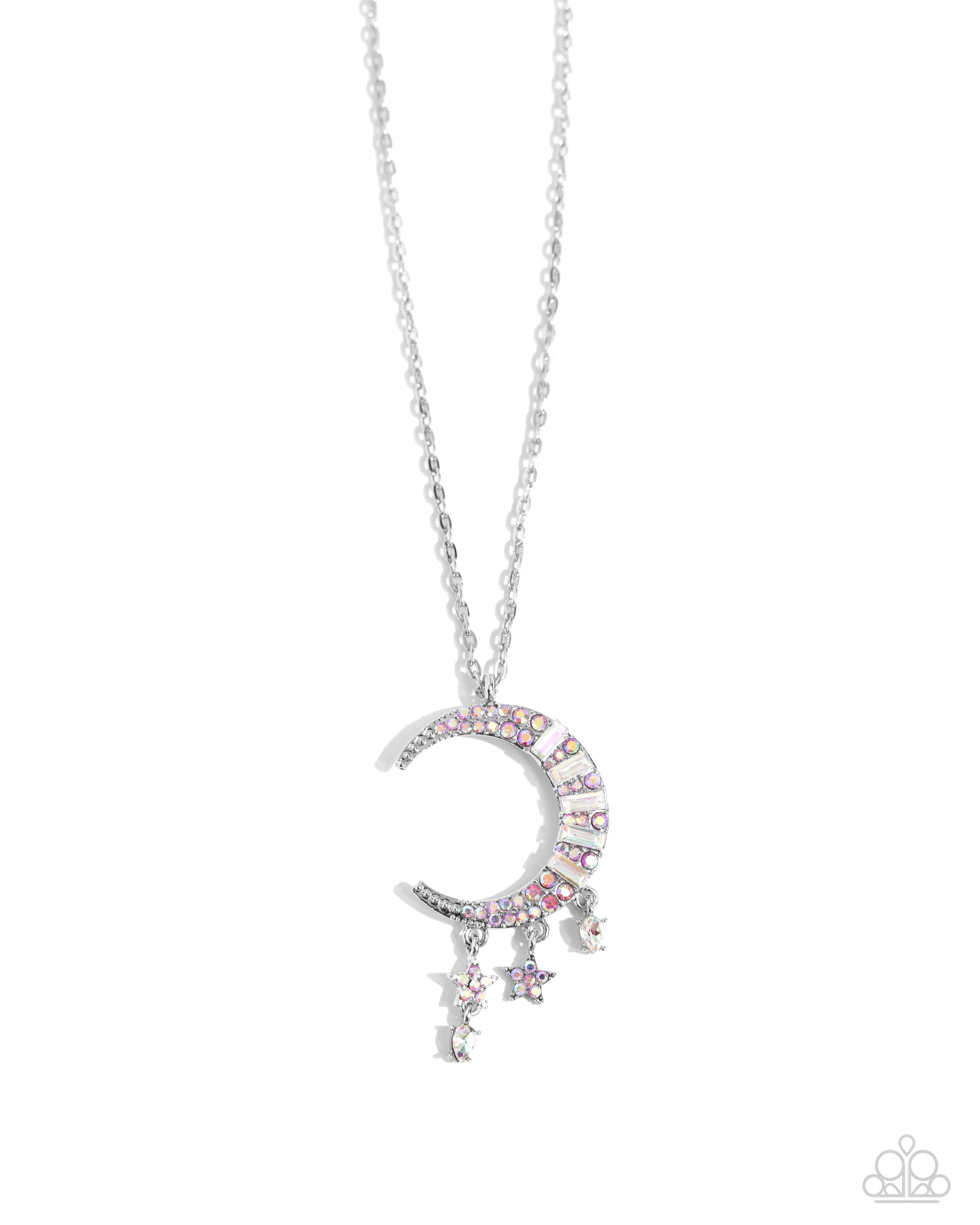 Lunar Landmark - Pink - Iridescent Rhinestone Moon and Stars Paparazzi Short Necklace