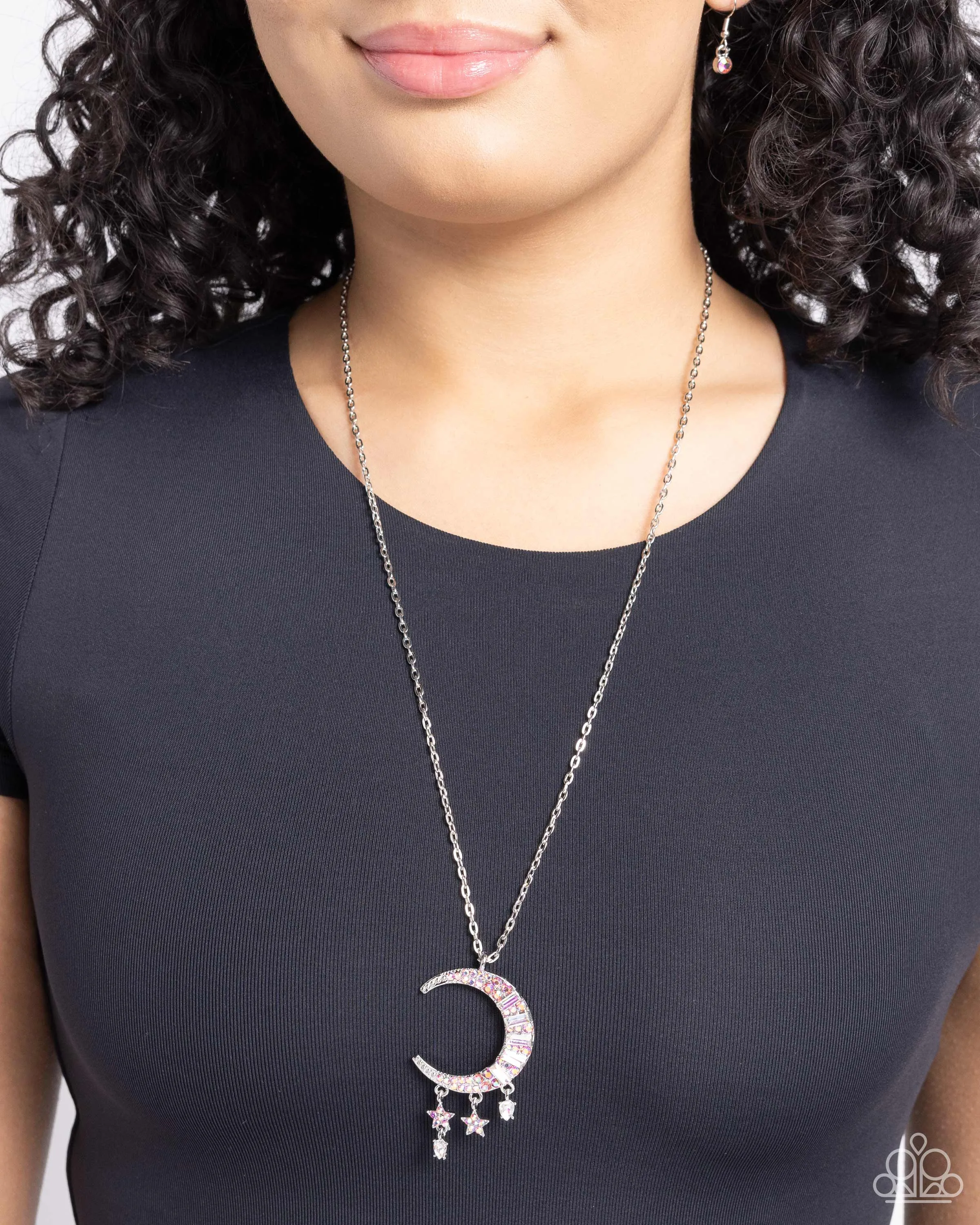 Lunar Landmark - Pink - Iridescent Rhinestone Moon and Stars Paparazzi Short Necklace