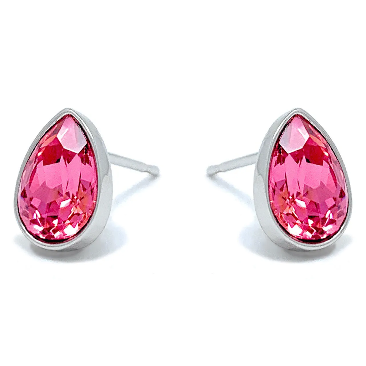 Mary Small Stud Earrings with Pink Rose Drop Crystals from Swarovski Silver Toned Rhodium Plated