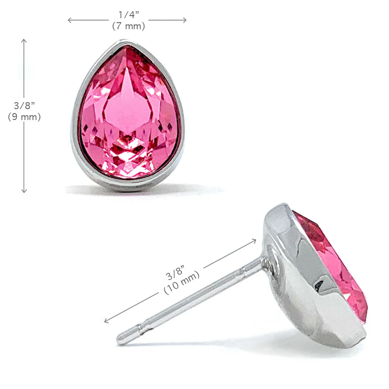 Mary Small Stud Earrings with Pink Rose Drop Crystals from Swarovski Silver Toned Rhodium Plated