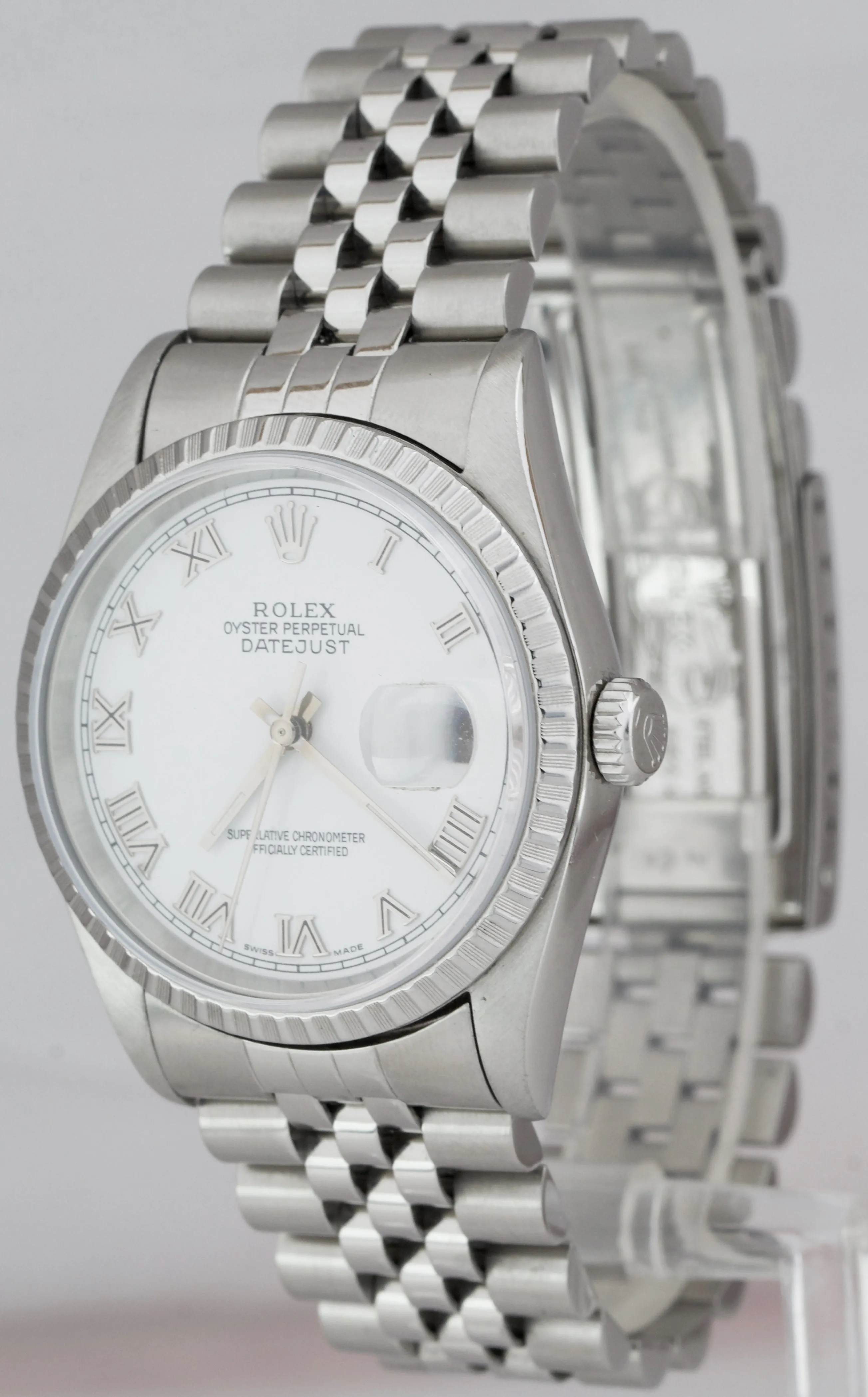 Men's Rolex DateJust 36mm White Roman Steel Jubilee NO-HOLES CASE Watch 16220