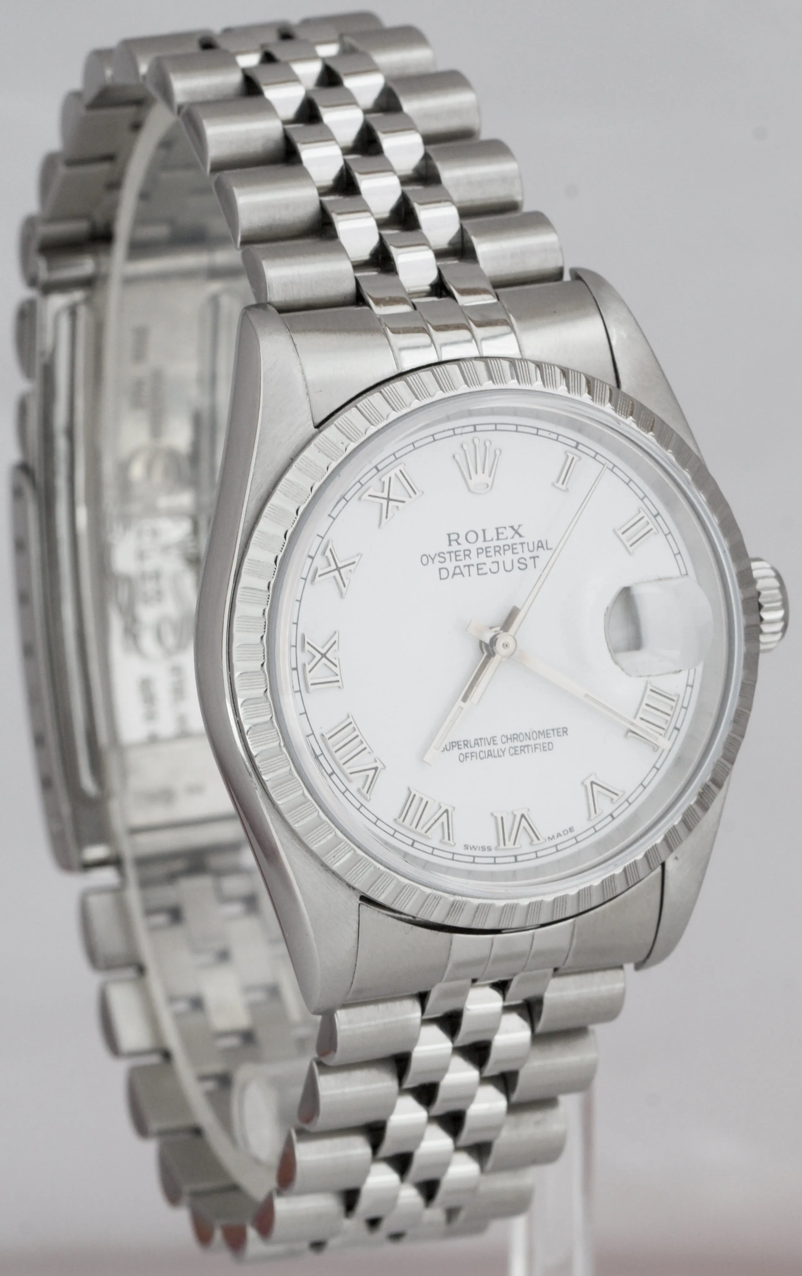 Men's Rolex DateJust 36mm White Roman Steel Jubilee NO-HOLES CASE Watch 16220