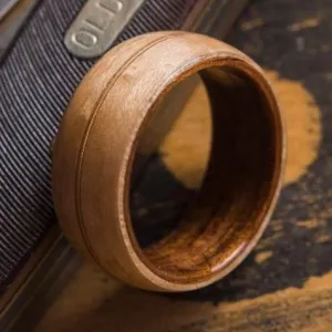 Mens Wedding Band featuring Koa, Birds Eye Maple with Guitar String Inlay.