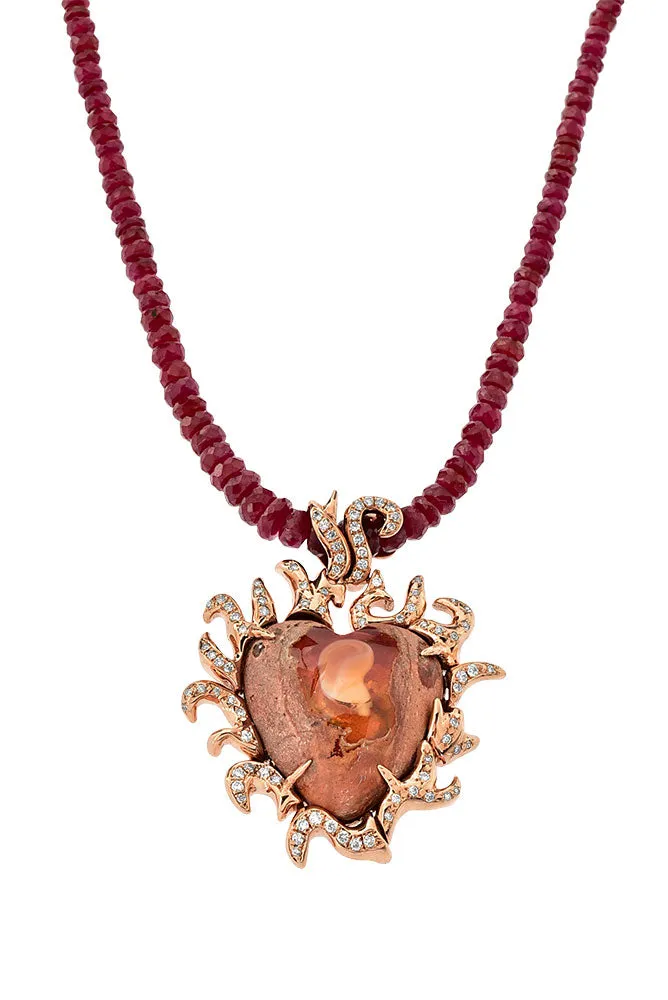 Mexican Opal Blazing Heart Rose Gold Necklace