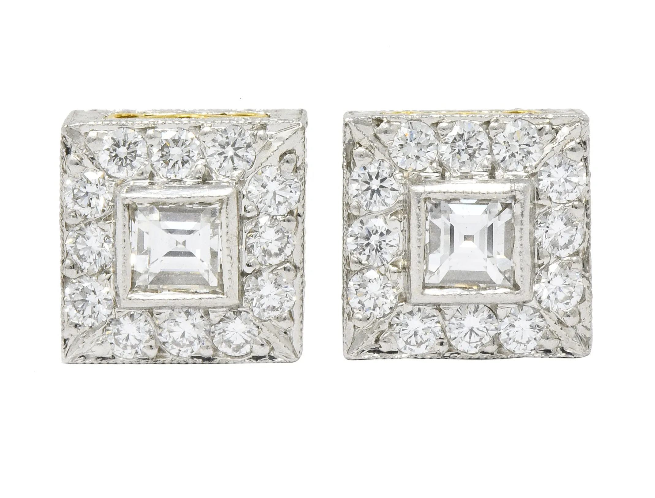 Michael Beaudry Diamond Platinum 18 Karat Gold Square Halo Stud Earrings