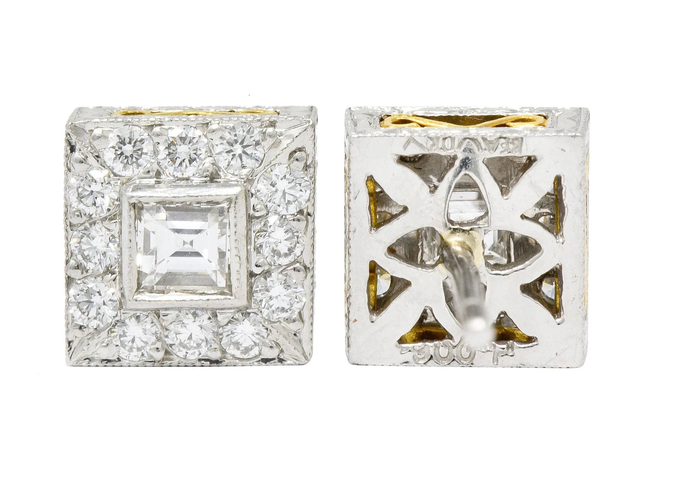 Michael Beaudry Diamond Platinum 18 Karat Gold Square Halo Stud Earrings