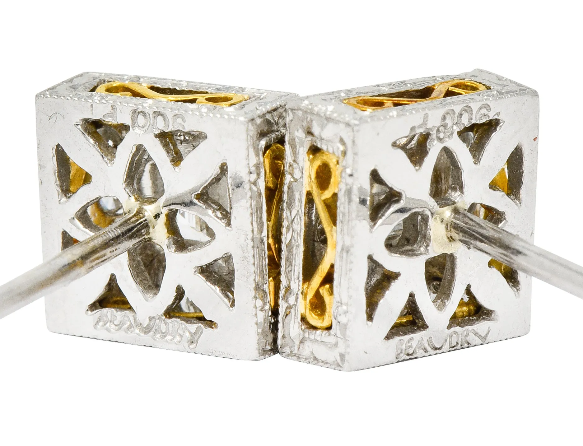 Michael Beaudry Diamond Platinum 18 Karat Gold Square Halo Stud Earrings