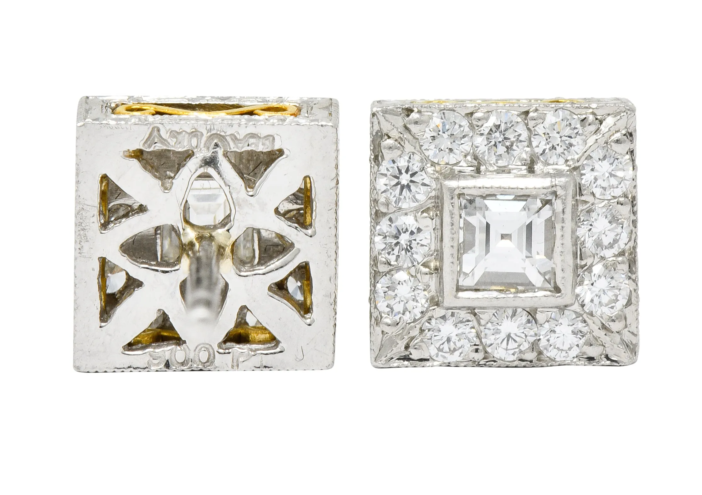Michael Beaudry Diamond Platinum 18 Karat Gold Square Halo Stud Earrings