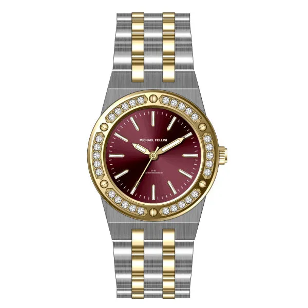Michael Fellini Two-tone Stainless Steel Maroon Dial Quartz Watch for Ladies - MF2360-07
