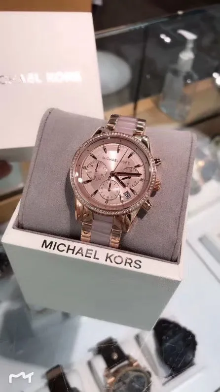 美国直邮！经典款！Michael Kors 水晶Bezel 玫瑰金粉色女款手表MK6307
