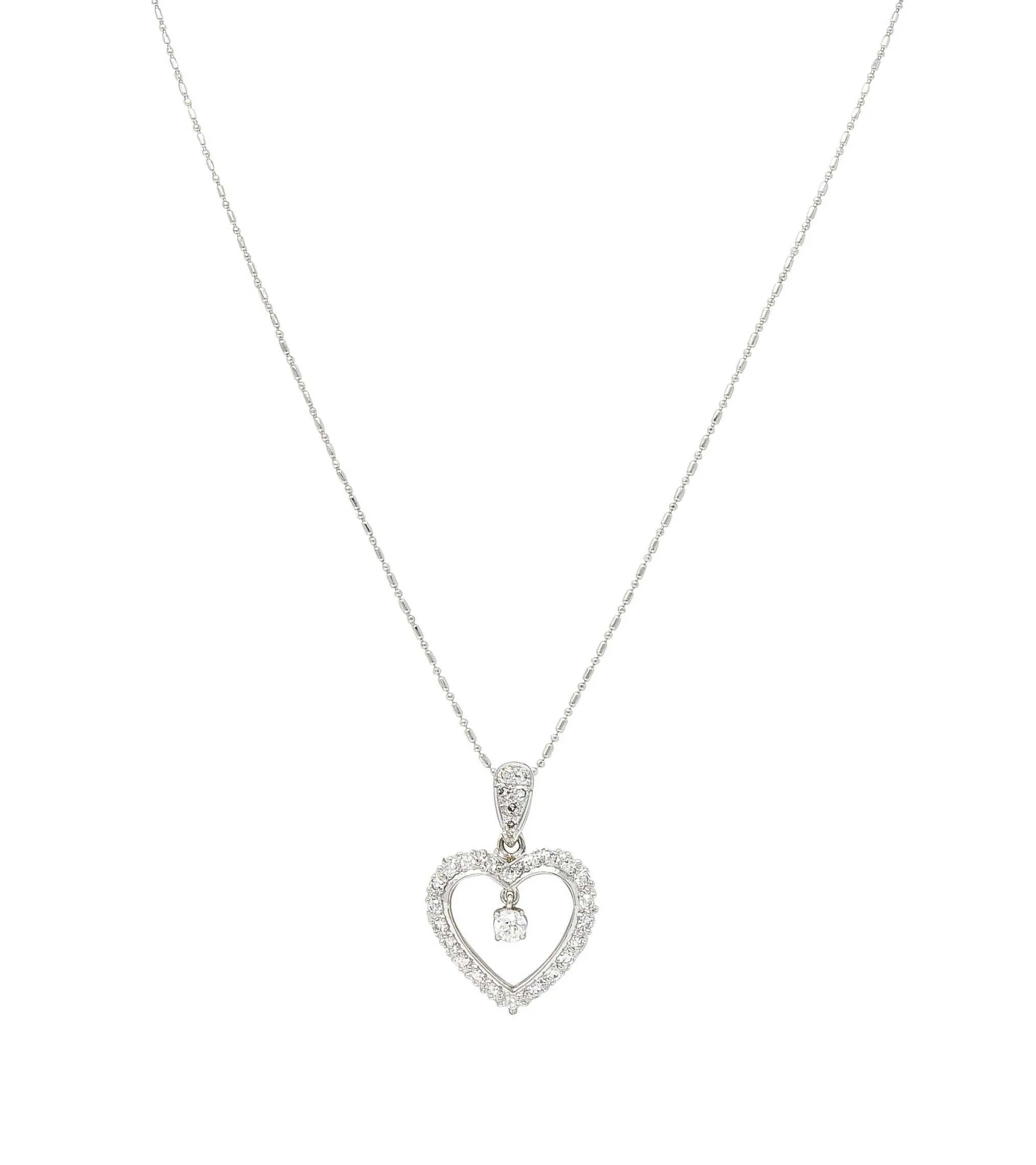 Mid-Century 1.05 CTW Diamond Platinum Vintage Heart Pendant Necklace