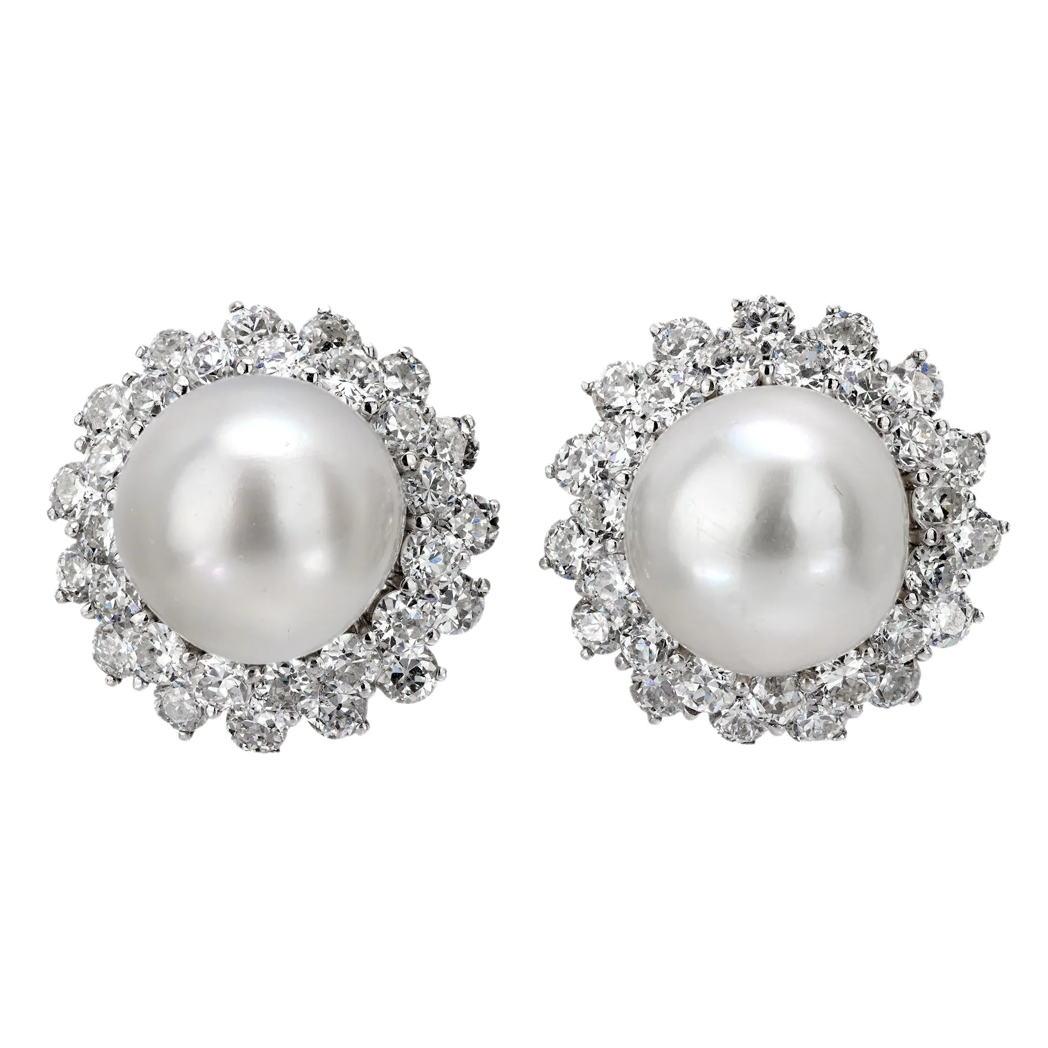 Mid Century South Sea Pearl 7 Carat Total Weight Diamond Platinum Cluster Studs