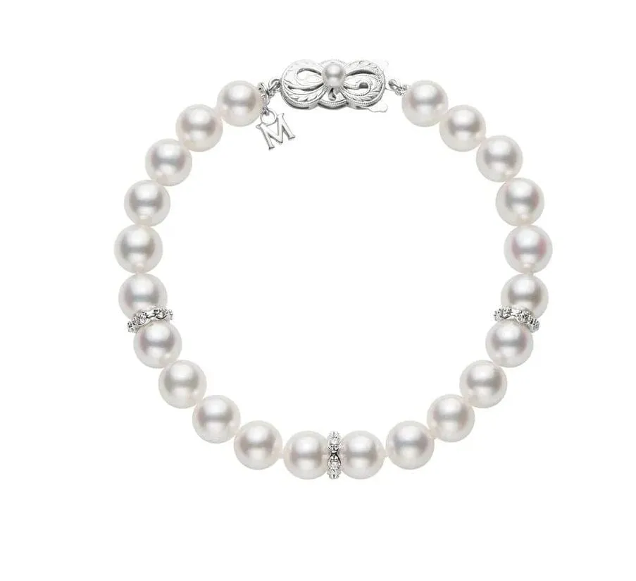 Mikimoto 18K White Gold 7mm Pearl Bracelet with 3 Diamond Roundels