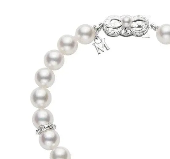 Mikimoto 18K White Gold 7mm Pearl Bracelet with 3 Diamond Roundels