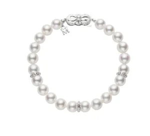 Mikimoto 18K White Gold 7mm Pearl Bracelet with 3 Diamond Roundels