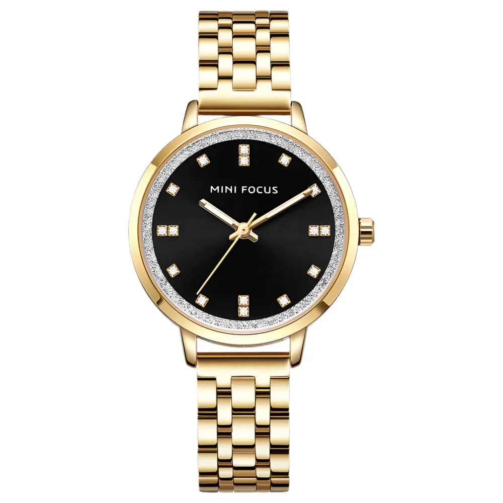 Mini Focus Gold Stainless Steel Black Dial Quartz Watch for Ladies - MF0047L-03