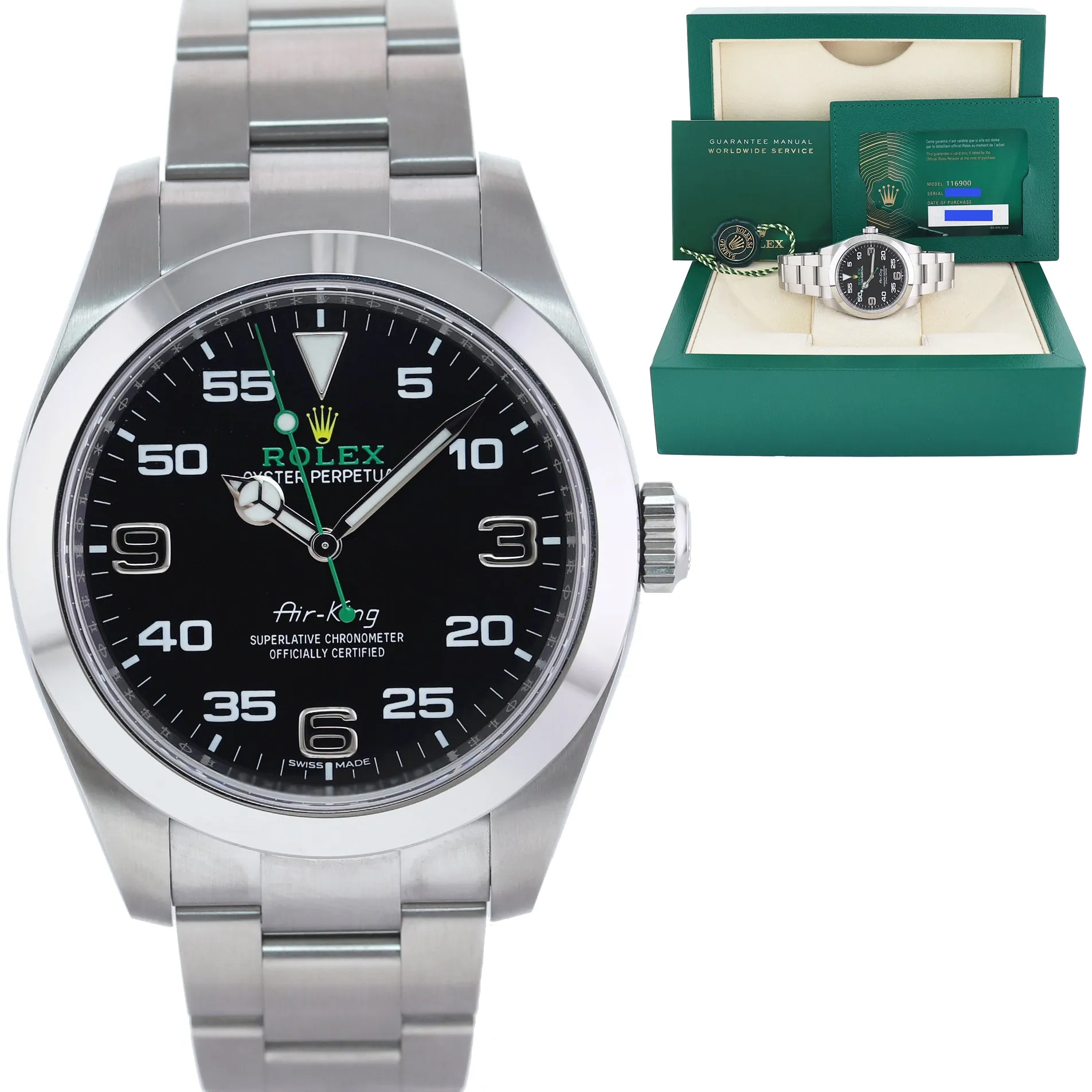 MINT 2021 PAPERS Rolex Air-King 116900 Green Arabic 40mm Steel Watch Box