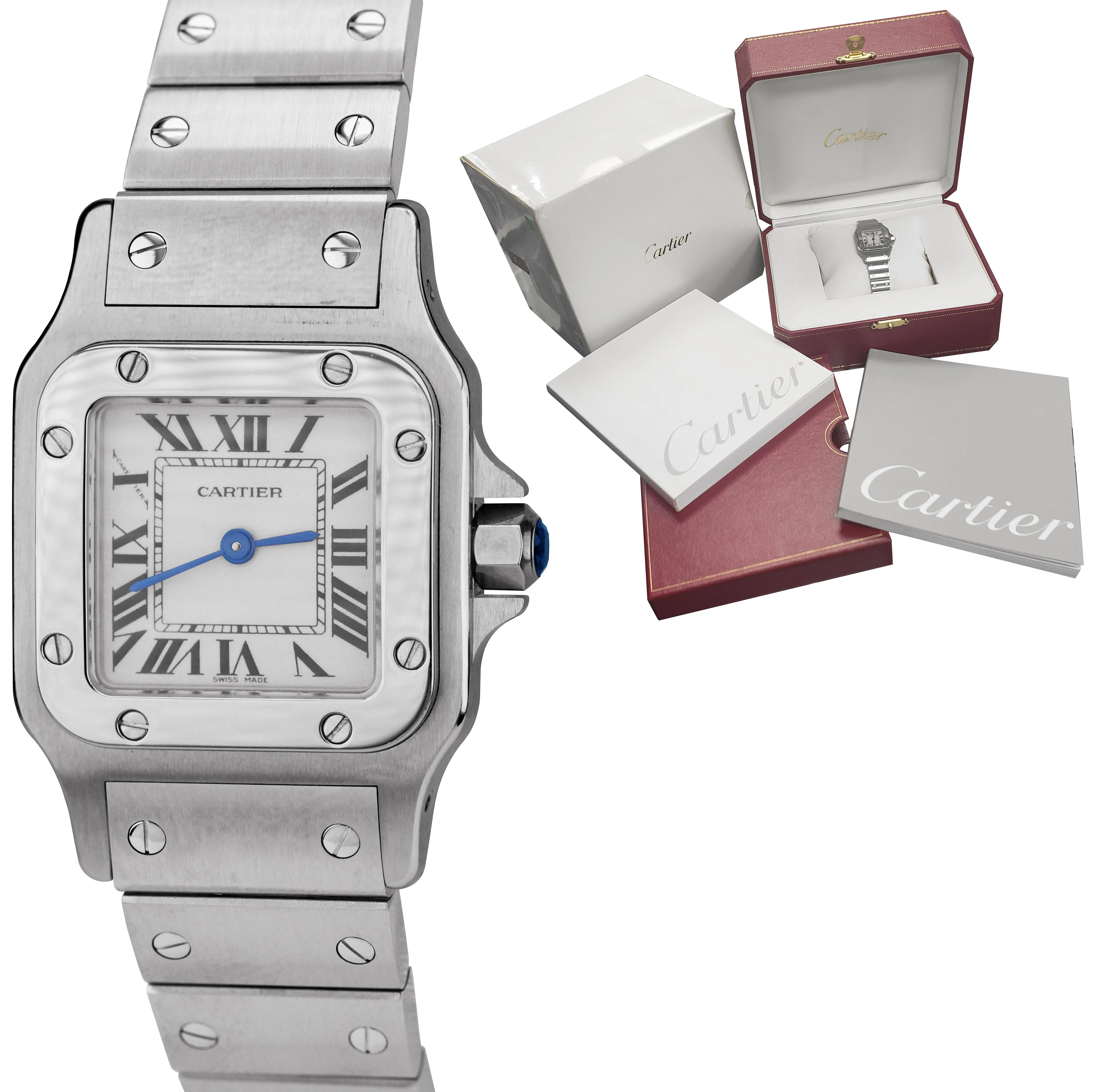 MINT Ladies Cartier Santos Galbee 1565 White 24mm Quartz Stainless Swiss Watch
