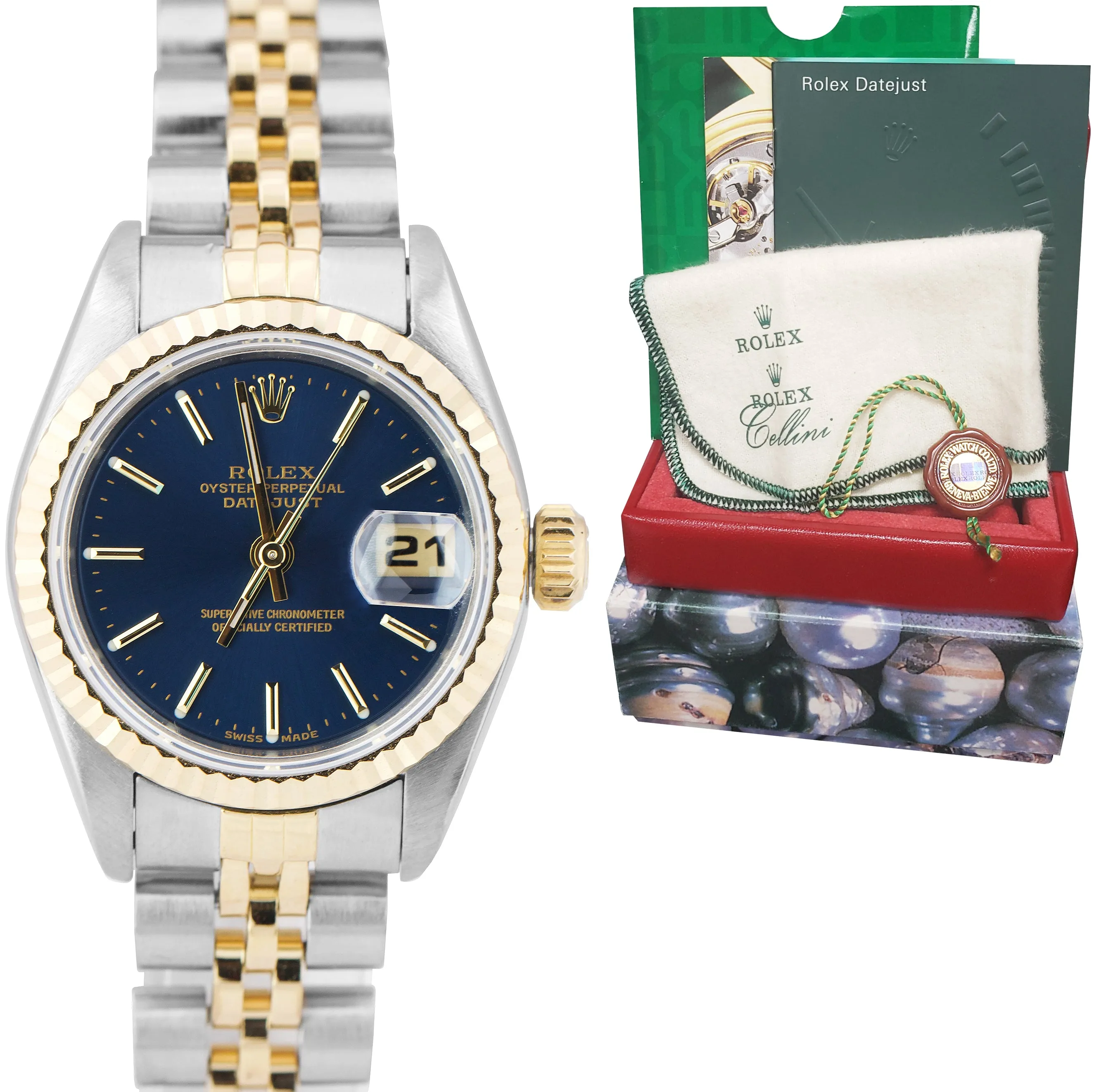 MINT Ladies Rolex DateJust 26mm Jubilee Blue Dial Two-Tone Gold Watch 69173 BOX