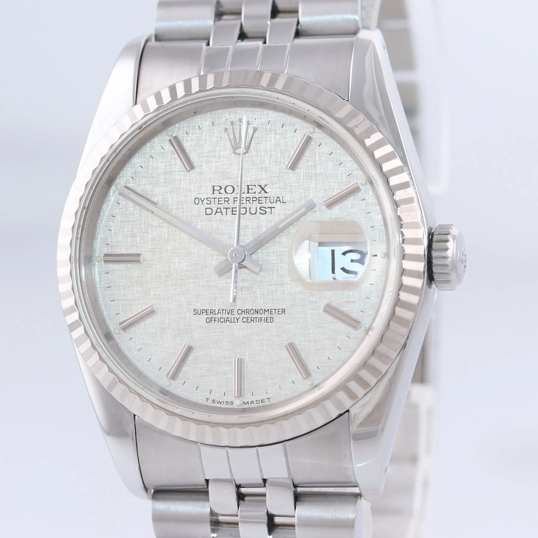 MINT Rolex DateJust 36mm 16234 Steel Silver Linen Jubilee 18k Fluted Bezel Watch