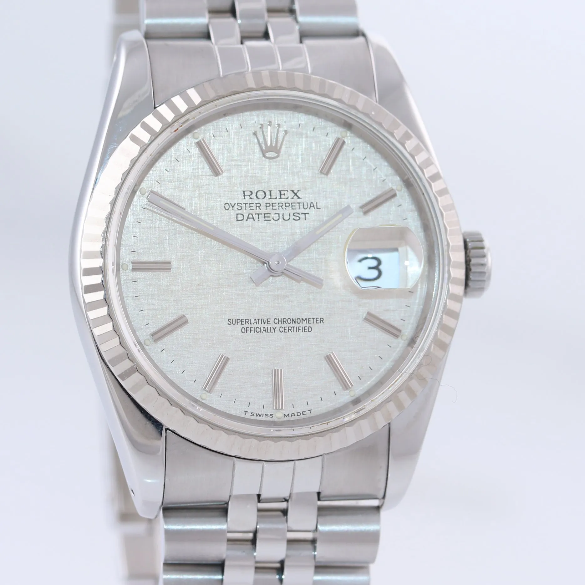 MINT Rolex DateJust 36mm 16234 Steel Silver Linen Jubilee 18k Fluted Bezel Watch