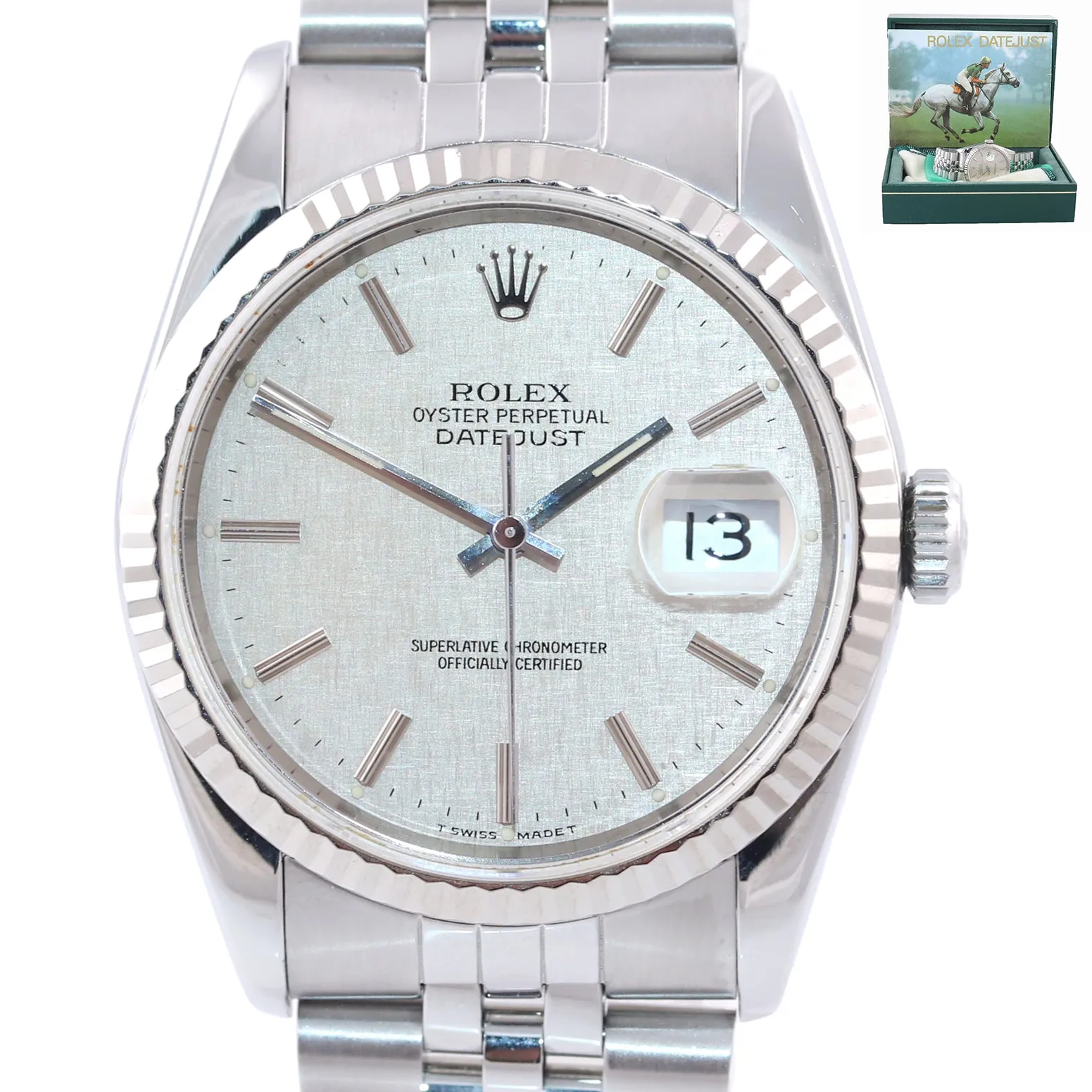 MINT Rolex DateJust 36mm 16234 Steel Silver Linen Jubilee 18k Fluted Bezel Watch