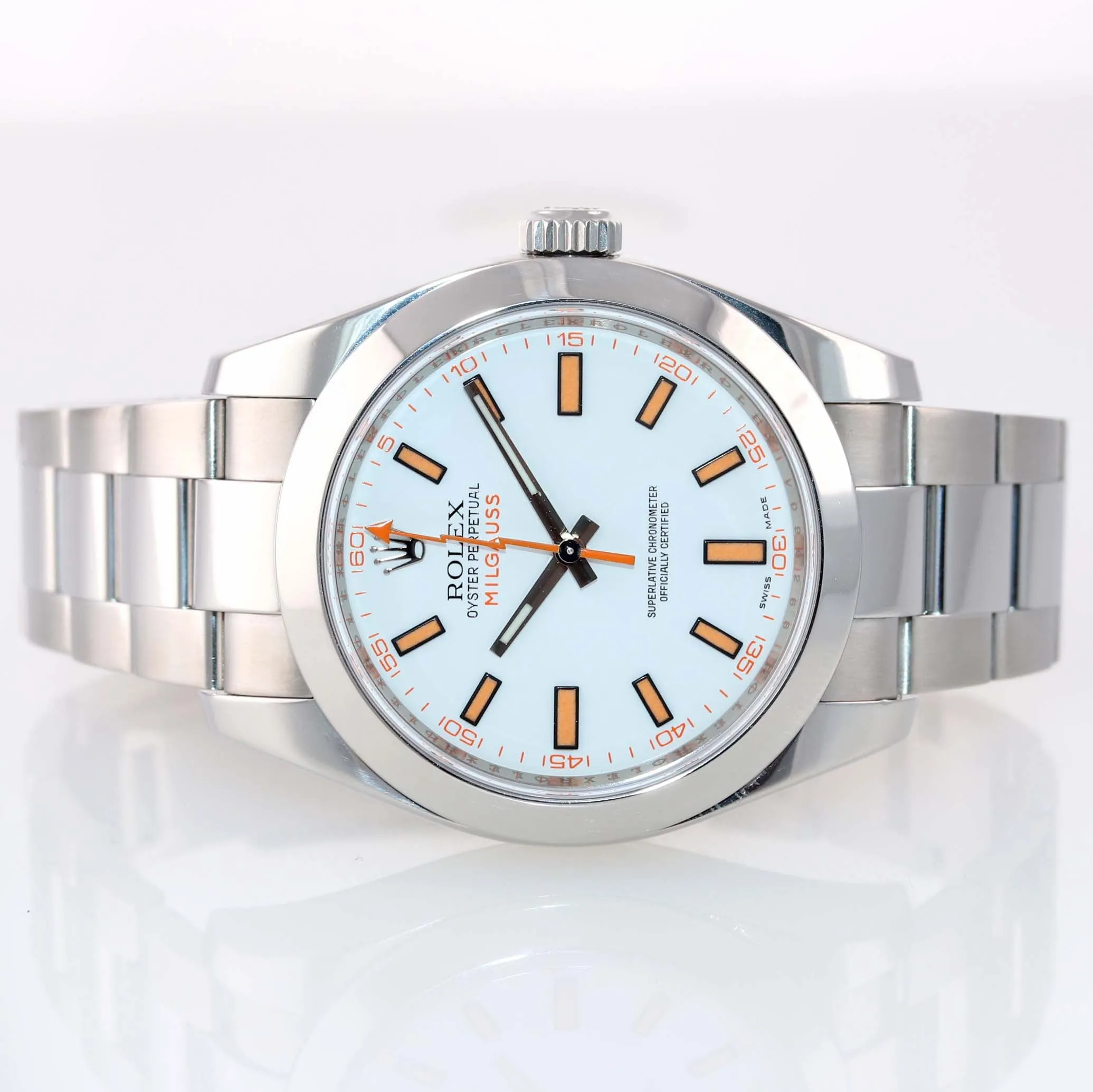 MINT Rolex Milgauss 116400 White Orange 40mm Steel Anti-Magnetic Watch