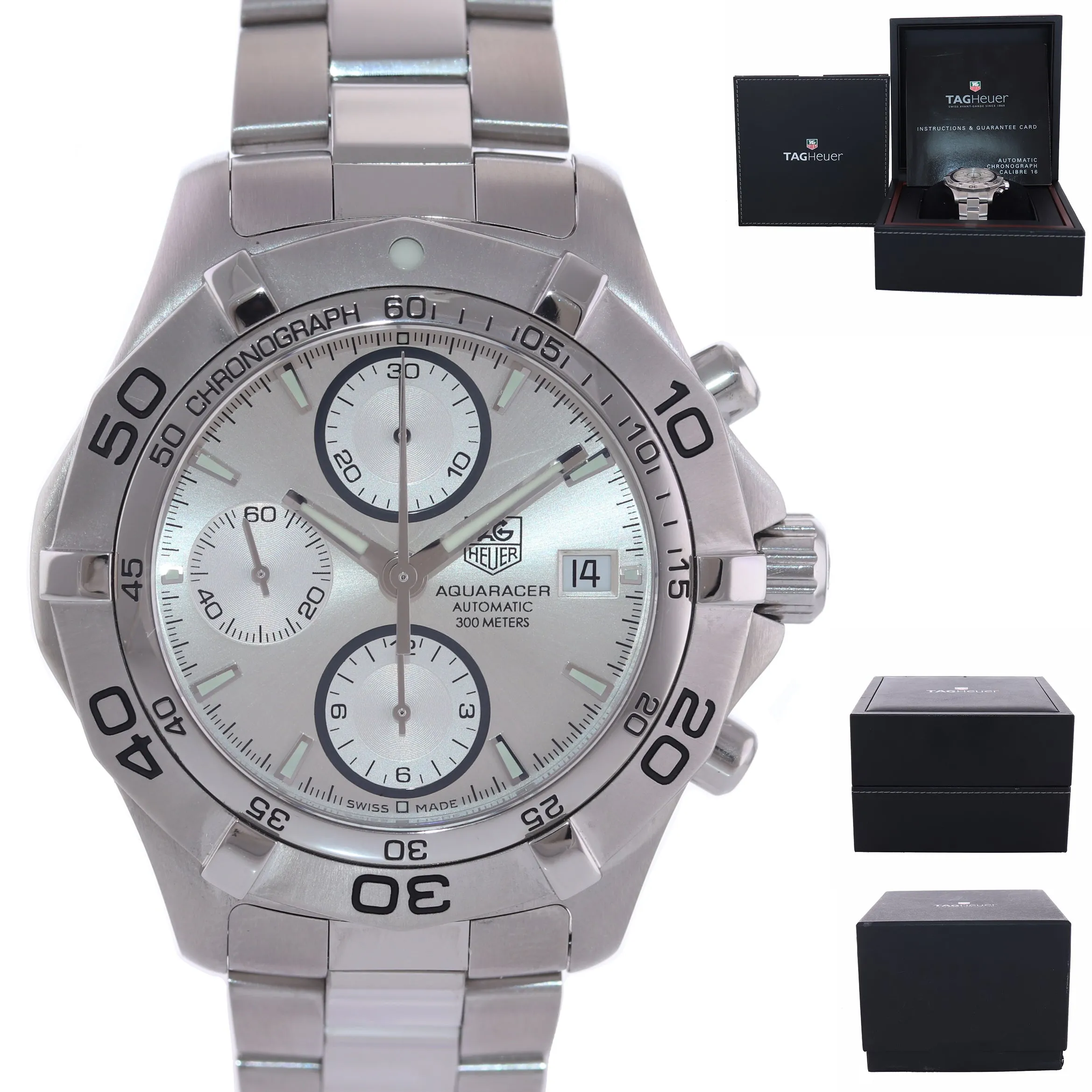 MINT Tag Heuer Aquaracer Steel CAF211 Silver 41mm Automatic Chronograph Watch