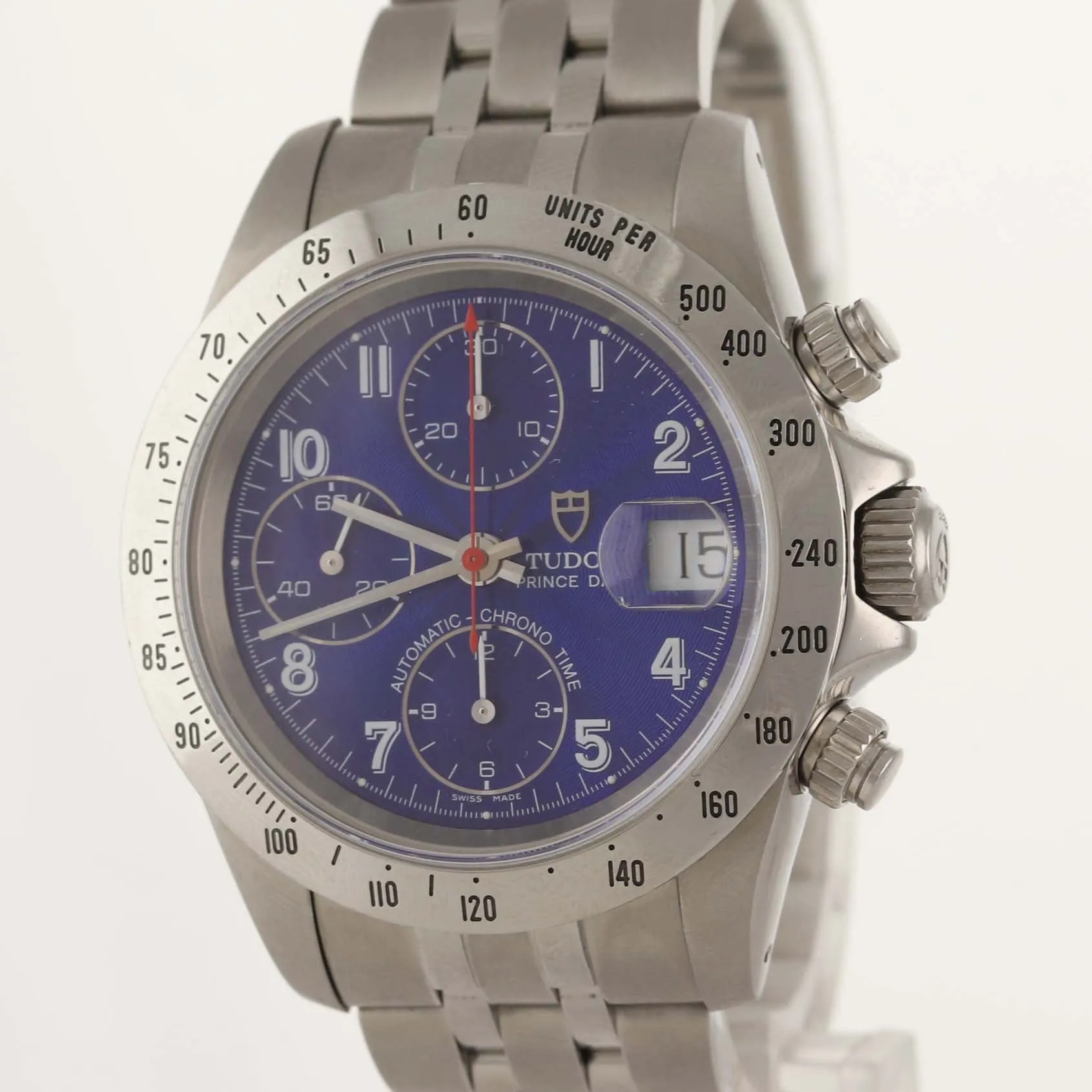 MINT Tudor Prince Date 79280 Blue Arabic Dial Red Hand Chrono Watch