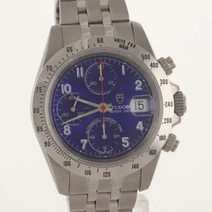 MINT Tudor Prince Date 79280 Blue Arabic Dial Red Hand Chrono Watch