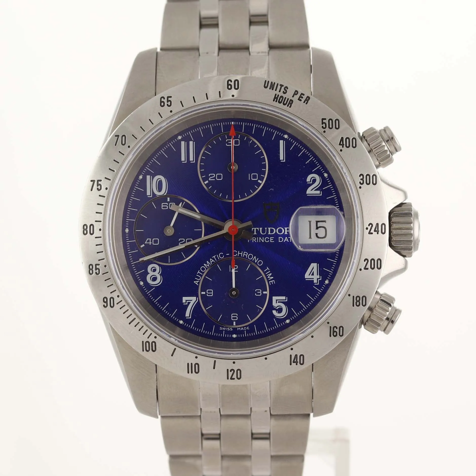 MINT Tudor Prince Date 79280 Blue Arabic Dial Red Hand Chrono Watch