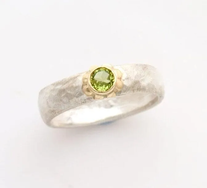 Mixed Metal Ring Natural Green Tourmaline Gemstone Two Tone 9k Gold & 925 Sterling Silver Hammered Silver Ring Engagement Ring
