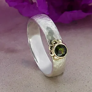 Mixed Metal Ring Natural Green Tourmaline Gemstone Two Tone 9k Gold & 925 Sterling Silver Hammered Silver Ring Engagement Ring