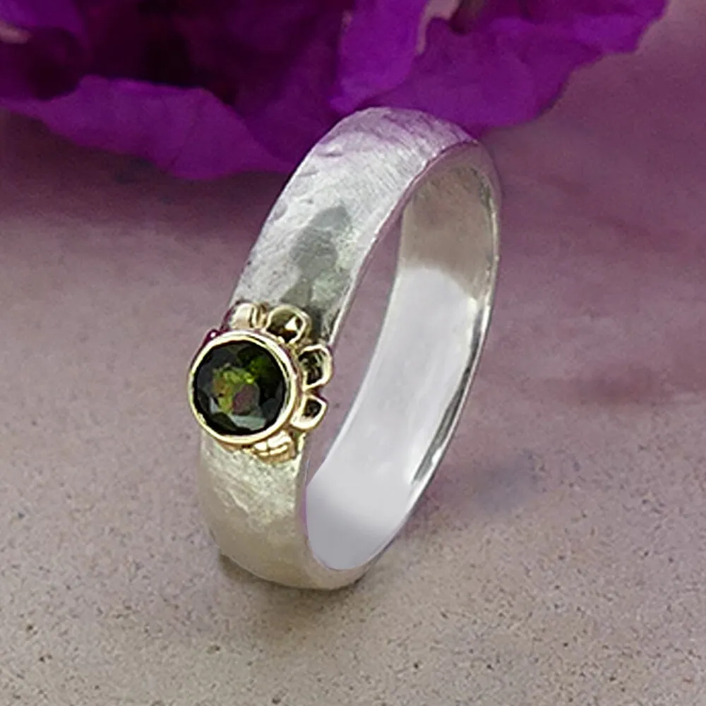 Mixed Metal Ring Natural Green Tourmaline Gemstone Two Tone 9k Gold & 925 Sterling Silver Hammered Silver Ring Engagement Ring