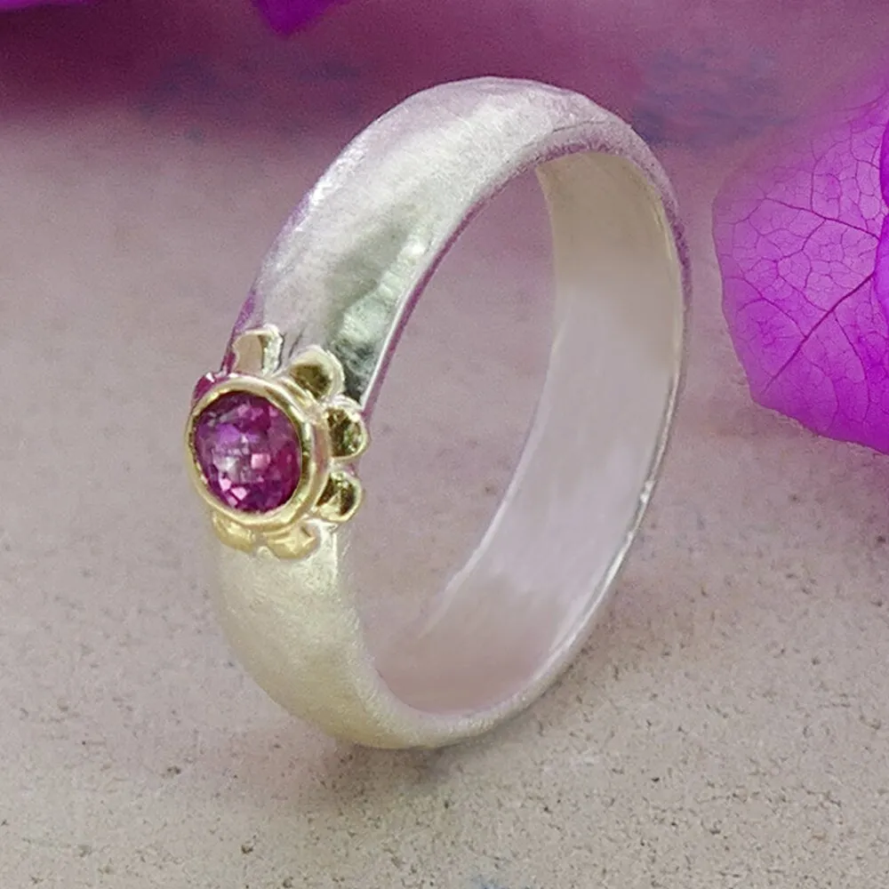Mixed Metal Ring Natural Green Tourmaline Gemstone Two Tone 9k Gold & 925 Sterling Silver Hammered Silver Ring Engagement Ring