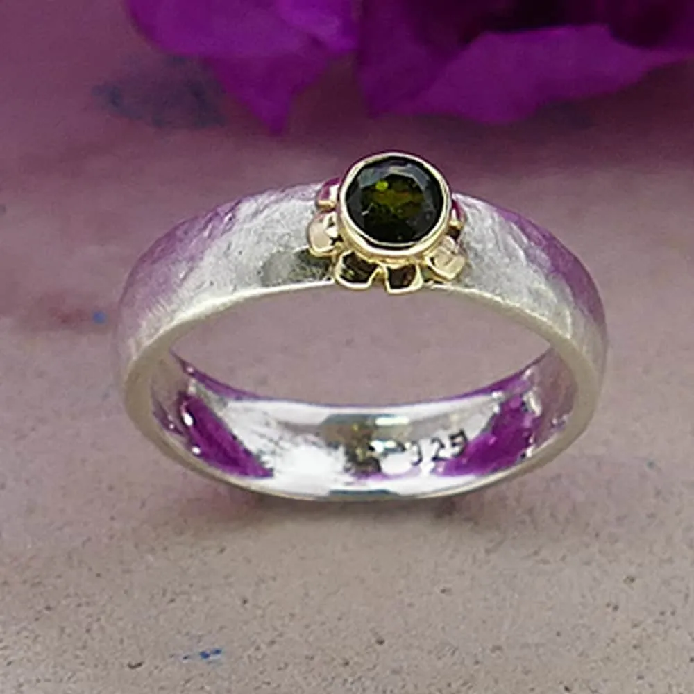 Mixed Metal Ring Natural Green Tourmaline Gemstone Two Tone 9k Gold & 925 Sterling Silver Hammered Silver Ring Engagement Ring