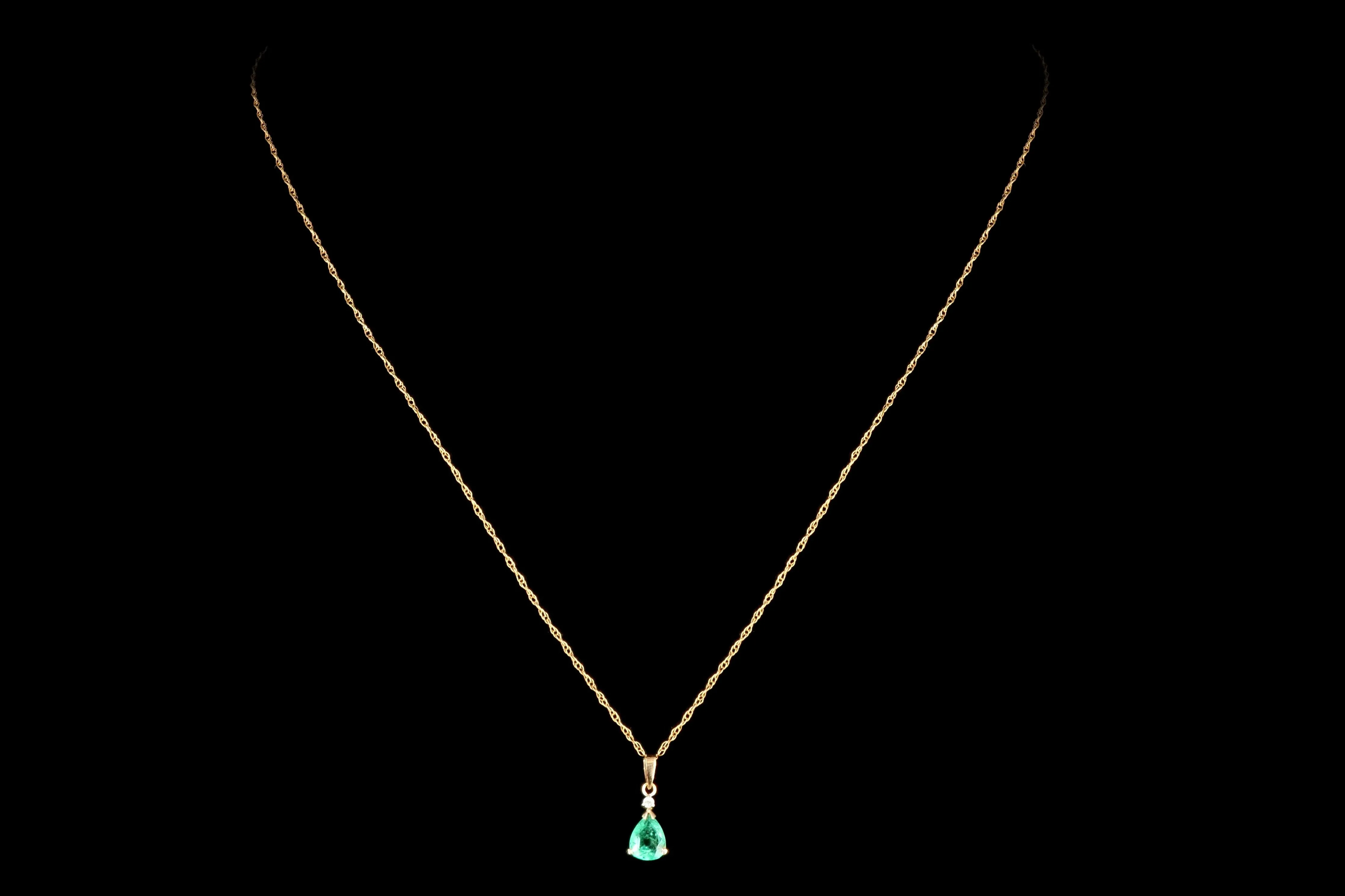 Modern 14K Yellow Gold .58 CTR Light Green Emerald and Diamond Pendant Necklace