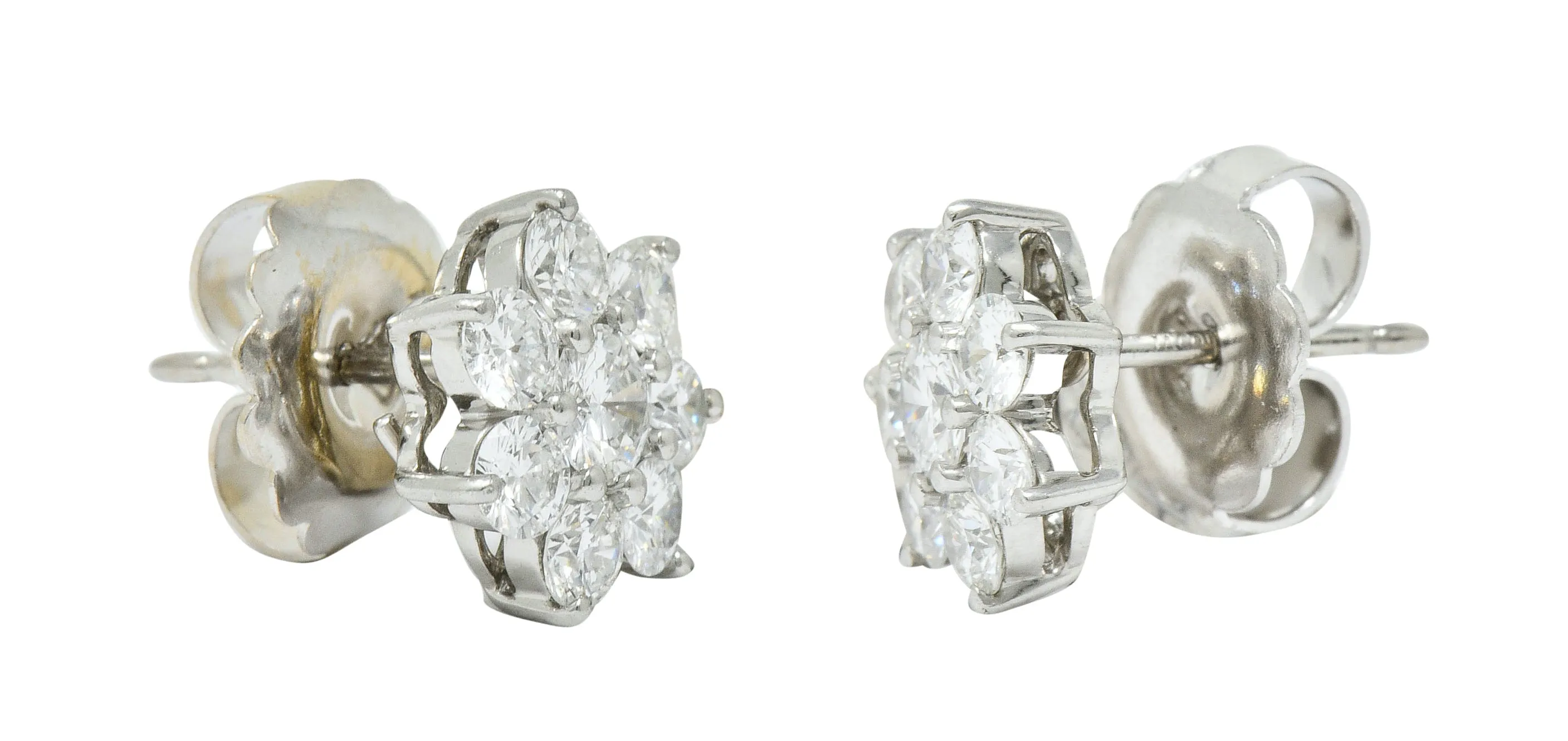 Modern 1.90 CTW Diamond Platinum Floral Cluster Stud Earrings