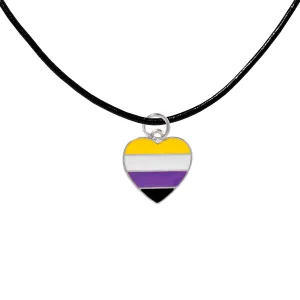 Nonbinary Flag Heart Charm Black Cord Necklaces ()