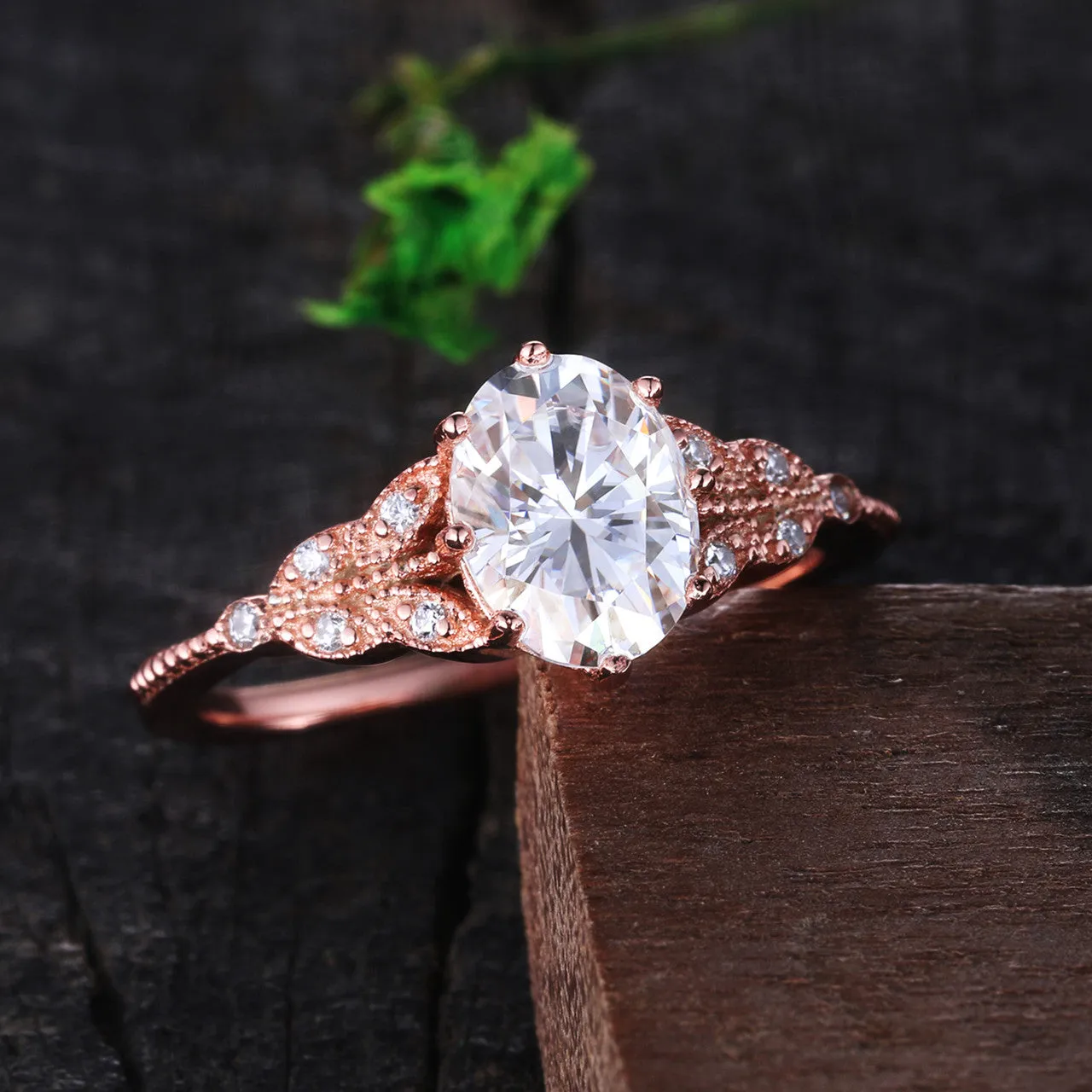 Oval Moissanite Engagement Ring 6x8mm Art Deco Rose Gold Wedding Ring Vintage Promise Ring