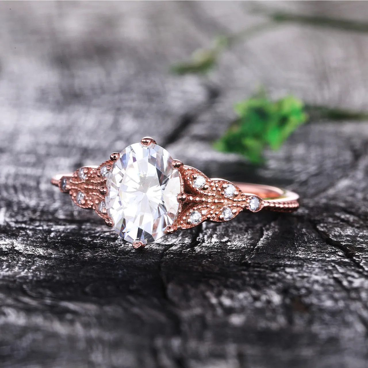 Oval Moissanite Engagement Ring 6x8mm Art Deco Rose Gold Wedding Ring Vintage Promise Ring