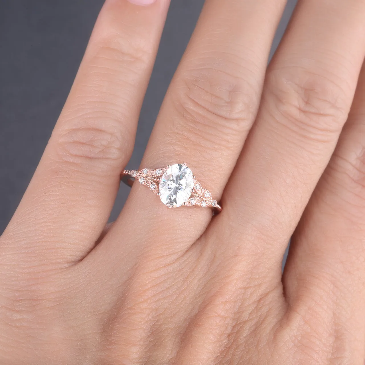 Oval Moissanite Engagement Ring 6x8mm Art Deco Rose Gold Wedding Ring Vintage Promise Ring